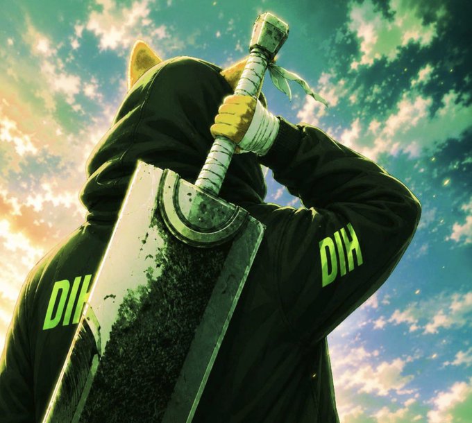 A hooded figure wearing a black cloak with green "DIH" lettering carries a large, weathered cleaver-like weapon against a cloudy sky backdrop.