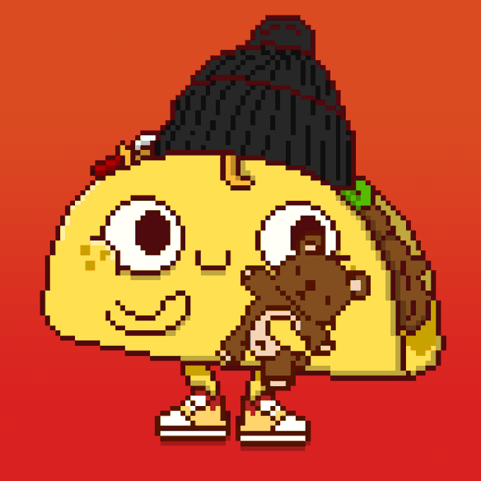 Pixel art character depicting a yellow lemon-like face wearing a black beanie, holding a brown teddy bear, and wearing white sneakers against a red background.