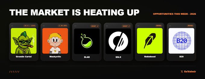 A dark-themed banner titled "THE MARKET IS HEATING UP" highlights "OPPORTUNITIES THIS WEEK · 2026," featuring five project cards: Gremlin Cartel, Wackyville, $LAB, $SLX, and Robinhood, signed by "0xValmir" on X.
