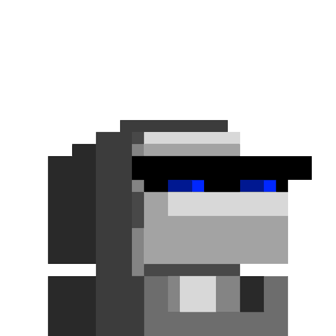 A pixel art illustration of a gray character wearing dark sunglasses with blue reflections.