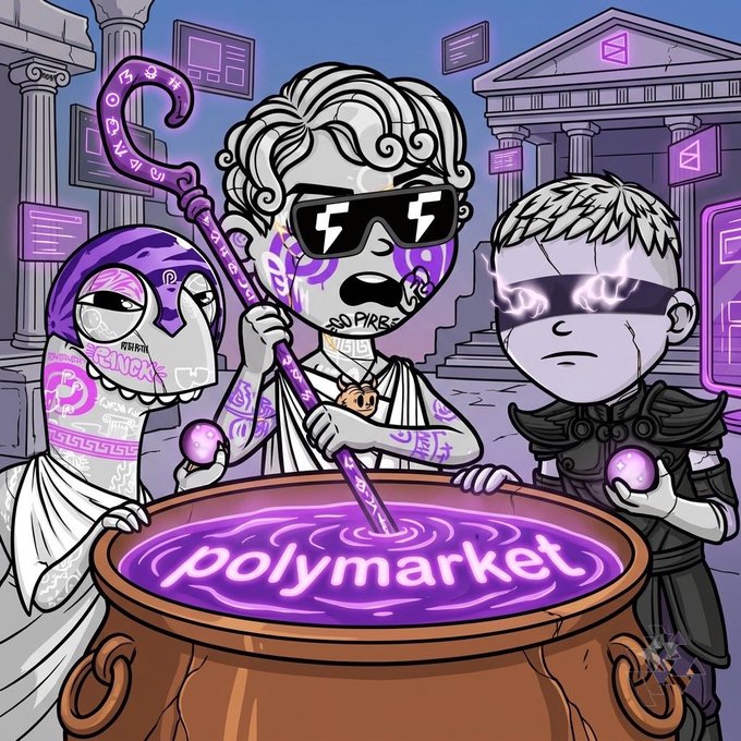 A cartoon illustration of three characters—a hooded figure, a statue with lightning sunglasses, and a warrior—stirring a cauldron labeled 'Polymarket.'