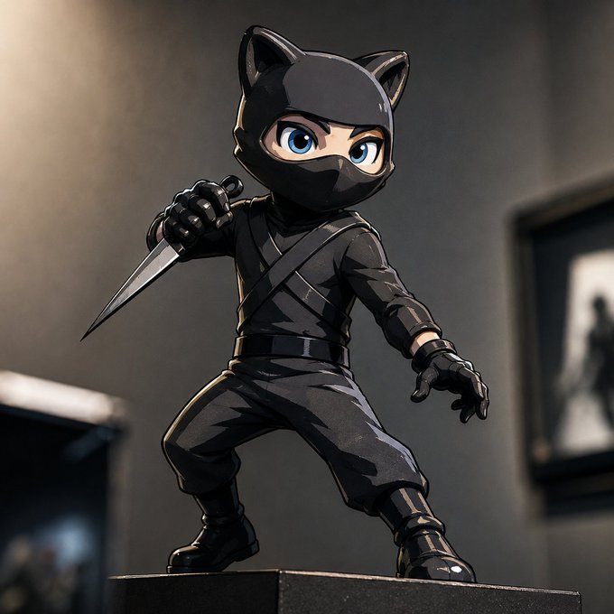 A chibi-style figurine of a masked ninja with cat ears holds a dagger in a combat stance on a pedestal, fitting the "community is cooking" vibe by capturing the creative, fan-made energy behind the scene.