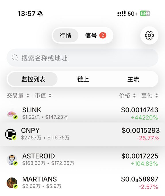 A Chinese cryptocurrency tracking app displaying meme tokens including SLINK ($0.0014743, +44220%), CNPY ($0.0015293, -25.77%), ASTEROID ($0.0017225, +104.83%), and MARTIANS ($0.0458997, -2.57%).