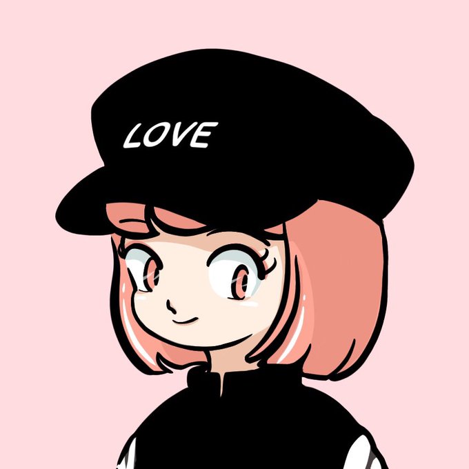 An anime-style illustration of a girl with pink hair wearing a black beret that says 'LOVE' and a black turtleneck against a pink background.
