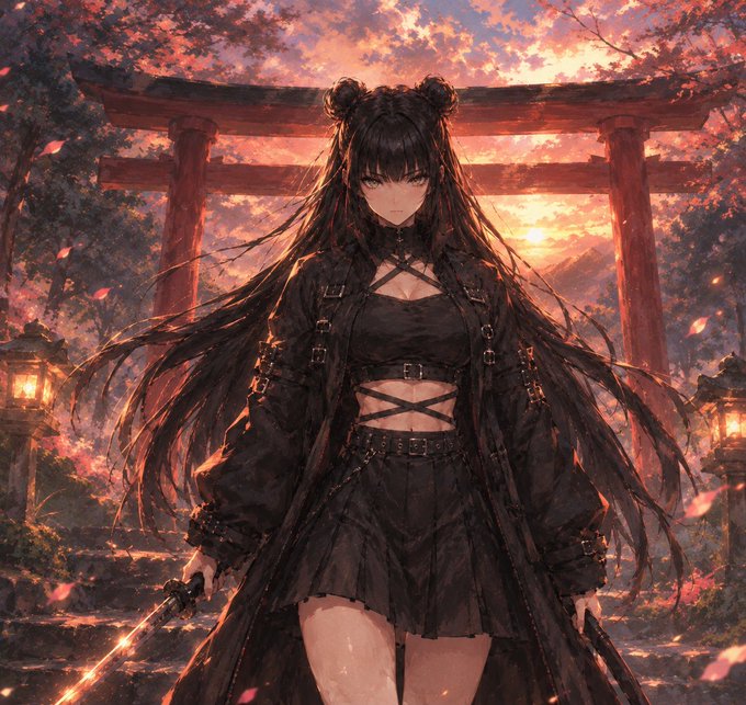 An anime-style illustration depicts a girl with long dark hair and twin buns wearing a black gothic outfit, standing before a red torii gate at sunset while holding a glowing weapon.