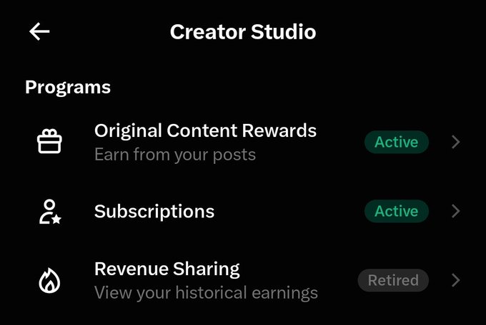 A screenshot of the 'Creator Studio' interface showing 'Programs' with 'Original Content Rewards' and 'Subscriptions' marked as Active, and 'Revenue Sharing' marked as Retired.