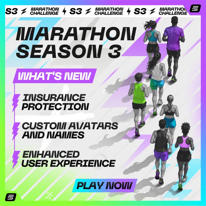 A colorful promotional graphic for 'Marathon Season 3' featuring runners, with bullet points listing features like Insurance Protection, Custom Avatars and Names, Enhanced User Experience, and a 'Play Now' button.
