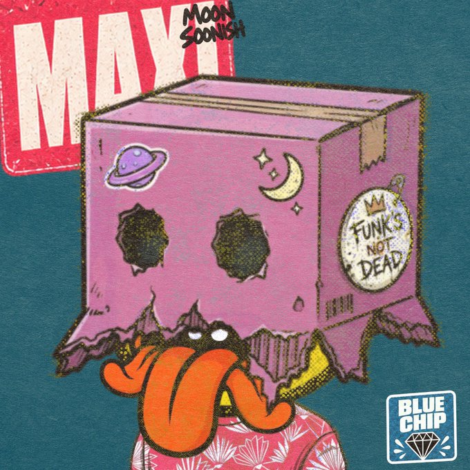 A cartoon pink box-headed figure with a red tongue sticking out wears a floral shirt, surrounded by sticker-style graphics including a "MAX" stamp, "MOON SOONISH" text, a "FUNKS NOT DEAD" patch with a crown, and a "BLUE CHIP" diamond logo in the corner. The artwork's NFT/crypto art style ties directly to the post celebrating Tma's "honorary JPEG Fren," with the piece itself being a likely example of the digital collectible art being shared on the timeline.