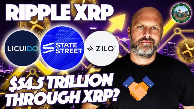 A man with a beard appears beside Ripple XRP branding and logos for Licuido, State Street, and Zilo, with bold text reading "$4.5 TRILLION THROUGH XRP?" highlighting the potential massive transaction volume from this new Ripple partnership with Zilo and Licuido tied to State Street.