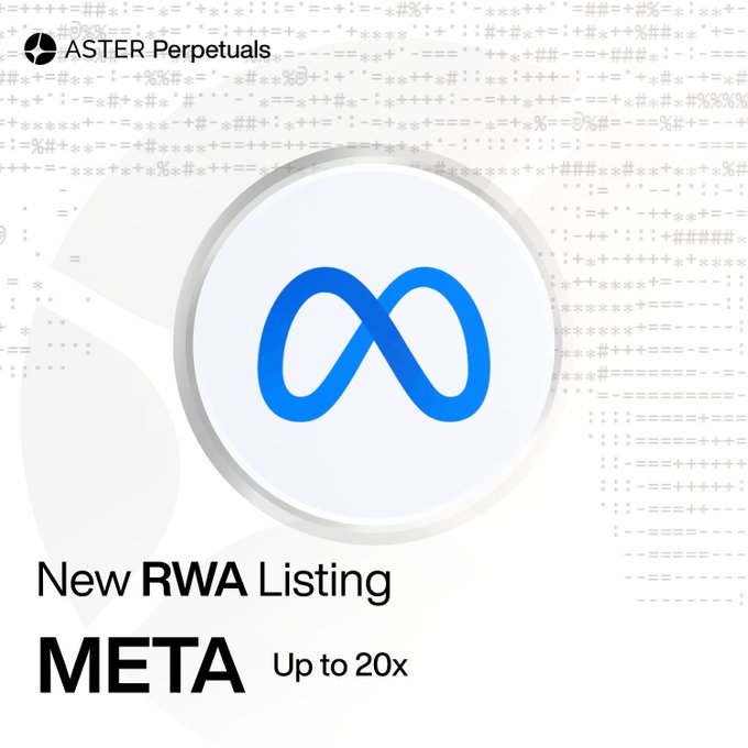 The image is a promotional graphic from ASTER Perpetuals announcing a new RWA (Real World Asset) listing for **$META** (Meta Platforms Inc) with up to **20x** leverage, featuring the Meta infinity logo on a stylized background of ASCII code.