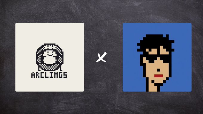 The graphic displays a promotional giveaway image featuring the Arclings NFT pixel-art monkey logo alongside a pixelated character with a green pixel background, separated by an "x" symbol on a chalkboard-textured backdrop.