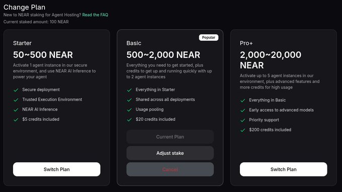 A 'Change Plan' screen displays three NEAR Protocol staking tiers: Starter (50-500 NEAR), Basic (500-2,000 NEAR) marked Popular, and Pro+ (2,000-20,000 NEAR).