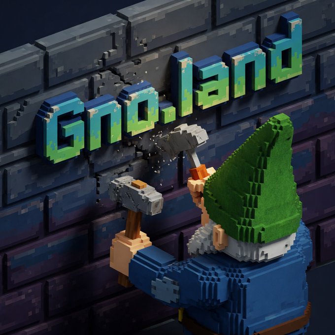 A 3D pixel art gnome with a green hat and blue shirt uses a pickaxe to break through a dark brick wall, revealing the text 'Gno.land' in green and blue lettering.