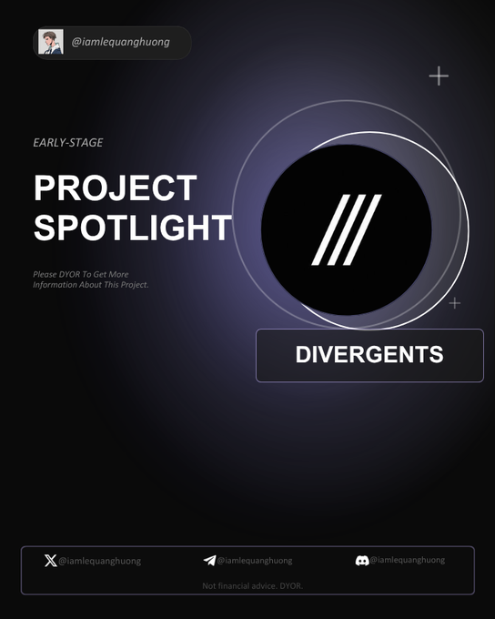 A project spotlight graphic for "DIVERGENTS" labeled as "EARLY-STAGE," with handles for @iamlequanghuong and a disclaimer "Not financial advice. DYOR."