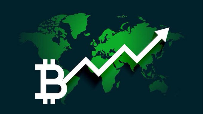 A graphic showing a green world map with the Bitcoin (₿) logo and an upward trending white arrow indicating global growth of Bitcoin.