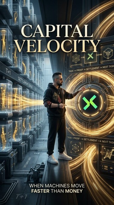 A promotional poster titled 'CAPITAL VELOCITY' with the tagline 'WHEN MACHINES MOVE FASTER THAN MONEY,' showing a man standing before a glowing server array and a green X symbol with golden energy streams.