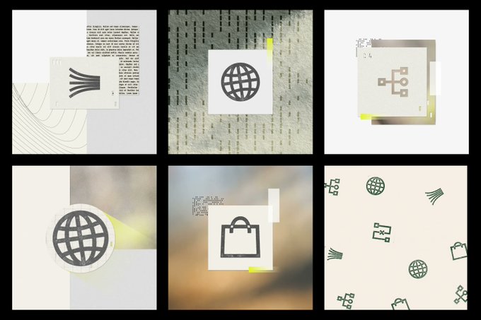 A grid of six design sketches exploring pictogram concepts for Ramp, featuring variations of a globe, briefcase, network/connection, and radiating line icons rendered in muted tones against textured backgrounds with scattered typography fragments. The compositions showcase different stylistic directions—from isolated icons on paper textures to repeating pattern arrangements—demonstrating a creative exploration of brand iconography.
