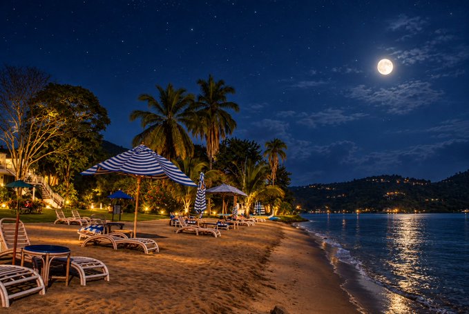 A tropical beach scene at night with lounge chairs and a striped umbrella, illuminated by a full moon over the water.