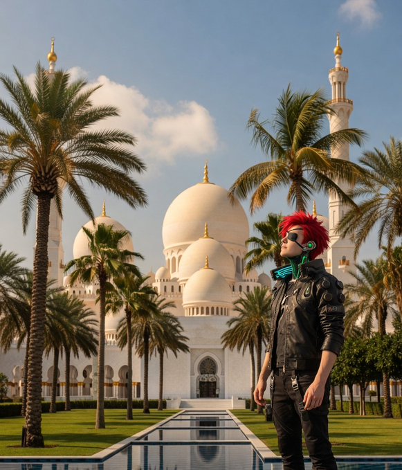 A young man with bright red hair and cyberpunk-style accessories stands in front of a stunning white-domed mosque with golden accents, surrounded by palm trees and a reflecting pool.
