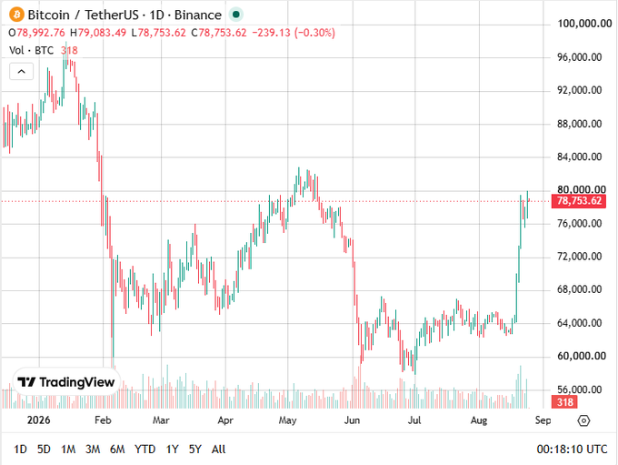 A daily candlestick chart from TradingView displays the Bitcoin/TetherUS (BTCUSDT) pair on Binance, showing a price of $78,753.62 (-0.30%) with a notable dip and recovery throughout 2026.