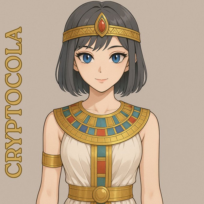 An anime-style illustration of a woman with short black hair, blue eyes, and an Egyptian-style headdress and collar, labeled 'CRYPTOCOLA' on the left.