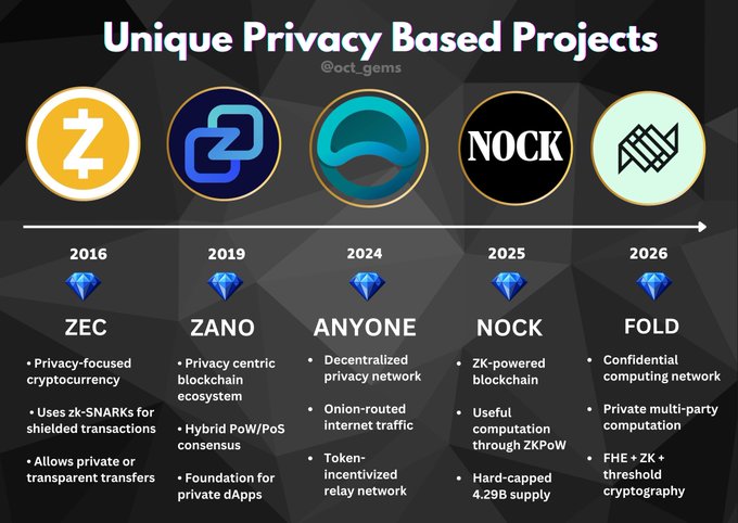 An infographic titled 'Unique Privacy Based Projects' by @oct_gems showing a timeline of cryptocurrencies: ZEC (2016), ZANO (2019), ANYONE (2024), NOCK (2025), and FOLD (2026).