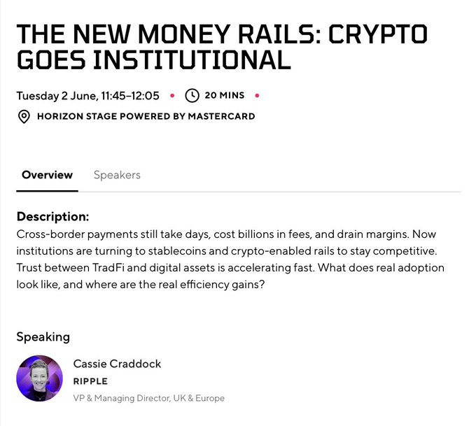 A presentation slide titled "The New Money Rails" and "Crypto Goes Institutional", with a date of Tuesday, June 11th at 2:45 PM and a description of the event.