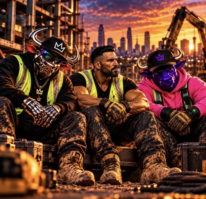 AI-generated image of three construction workers wearing high-vis vests and horned caps, one in a bull mask, sitting together on a job site with a city skyline at sunset.