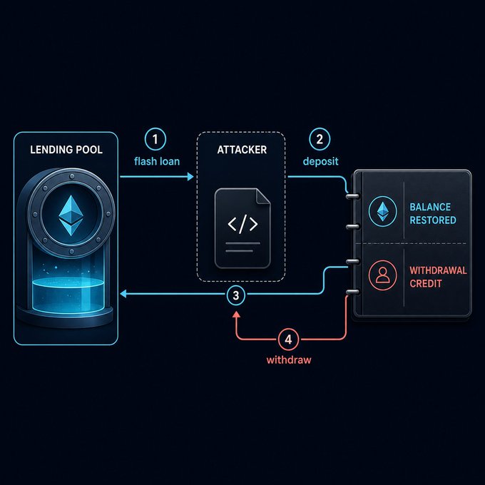 A cybersecurity-style diagram illustrates a flash loan attack on a 'LENDING POOL': (1) flash loan to attacker, (2) deposit, (4) withdraw, resulting in (3) 'BALANCE RESTORED' and 'WITHDRAWAL CREDIT' on a notebook.
