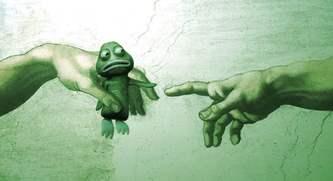 A humorous green-tinted image depicting a sad Pepe the Frog character being held in a hand, styled as a parody of Michelangelo's 'The Creation of Adam'