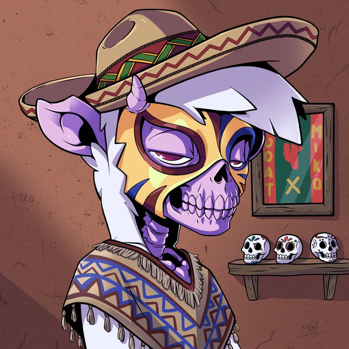 A stylized illustration of a skeletal llama wearing a sombrero, poncho, and half-skull face paint, with the text "Miko" and a Mexican flag visible in the framed picture behind it, and three decorated sugar skulls on a shelf—all tying into the Day of the Dead theme that complements the fighter's bold, legendary persona for the GoatsOfSolana art contest.
