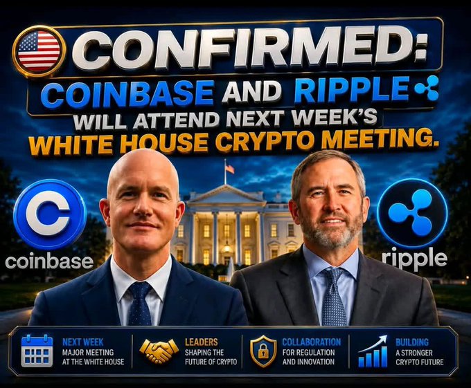 News graphic headlined 'CONFIRMED: COINBASE AND RIPPLE WILL ATTEND NEXT WEEK'S WHITE HOUSE CRYPTO MEETING', showing Coinbase CEO Brian Armstrong and Ripple CEO Brad Garlinghouse with the White House in the background.