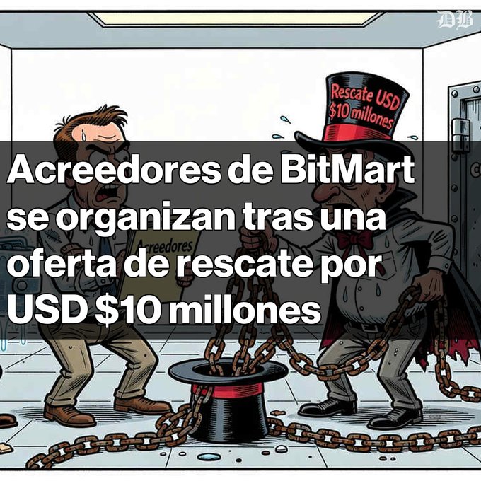 Spanish-language cartoon graphic reading 'Acreedores de BitMart se organizan tras una oferta de rescate por USD $10 millones,' depicting stressed creditors and a magician-like figure offering the rescue.