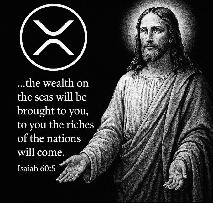 A black-and-white illustration of Jesus Christ with outstretched arms appears alongside the XRP logo and an Isaiah 60:5 verse reading, "...the wealth on the seas will be brought to you, to you the riches of the nations will come." The image ties the Sunday devotional message to XRP by pairing a hopeful scripture about incoming prosperity with the crypto symbol, suggesting faith and financial blessing ahead for the XRP community.