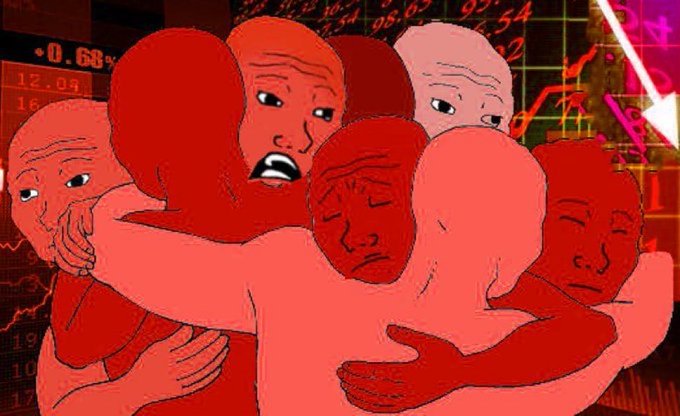 A red-tinted Wojak meme showing multiple distressed faces hugging each other in a group embrace against a background of stock market charts.