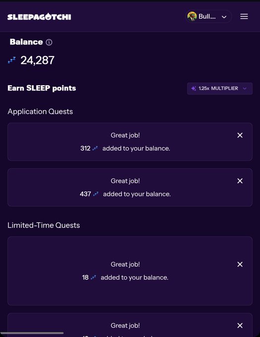 A SLEEPAGOTCHI app screen showing a balance of 24,287 SLEEP points with completed quest notifications ('Great job!') and a 1.25x multiplier option.
