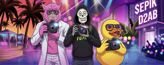 Colorful cartoon illustration labeled 'SEPIK D2AB' featuring three characters—a pink dog in a lab coat, a skeletal figure in a black hoodie, and a yellow duck—all holding cameras against a neon-lit backdrop.