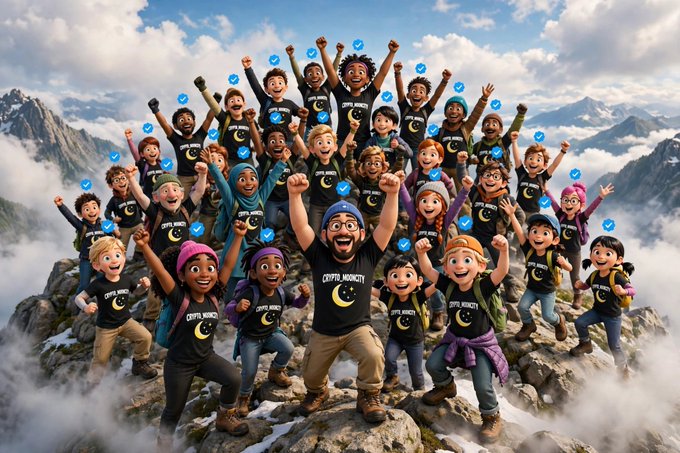 A colorful illustration of a large diverse group of people celebrating on a mountain peak, all wearing matching 'Crypto Monkey' black t-shirts with raised fists in triumph.