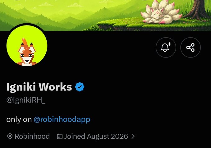 Twitter/X profile page for "Igniki Works" (@IgnikiRH_) displaying a Shiba Inu-style avatar, bio reading "only on @robinhoodapp," and a fox character banner image.