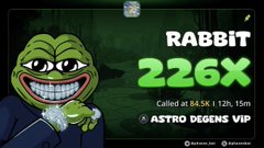 The image shows a meme-style graphic of the Pepe character with a cigar alongside a "RABBIT 226X" announcement and an "ASTRO DEGENS VIP" callout at $4.5K (12h, 16m), promoting the trader's successful 226x gain on the Rabbit coin. The caption and image both highlight a profitable trade on $RABBIT, with the post celebrating a +$17,000 win and inviting followers to share their $ROBINHOOD addresses for an upcoming airdrop.