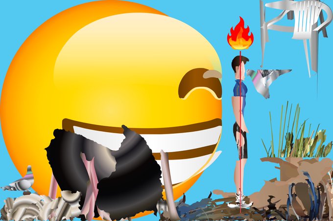A surreal digital artwork showing a large yellow smiley face, a cartoon figure with a flame head, and metallic decorative elements against a bright blue background.