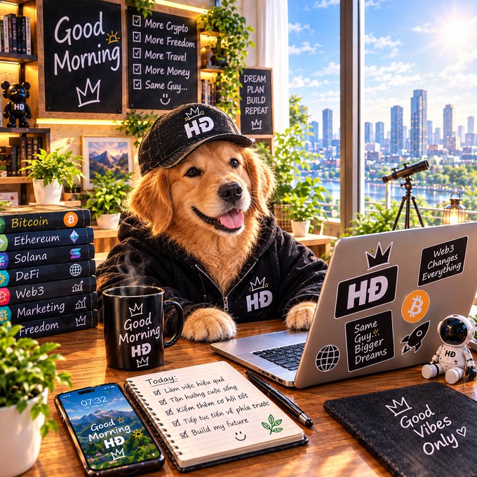 An AI-generated image of a golden retriever wearing a black 'HD' cap and hoodie, sitting at a desk with a 'Good Morning HD' mug, a laptop with crypto/Web3 stickers (Bitcoin, Ethereum, Solana, DeFi, Web3), a checklist notebook in Vietnamese, and a city view in the background.