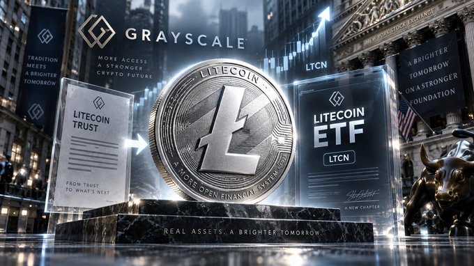 A promotional graphic for Grayscale featuring a large Litecoin coin centered between documents labeled 'LITECOIN TRUST' and 'LITECOIN ETF (LTCN)', set against the New York Stock Exchange with the Wall Street bull statue.