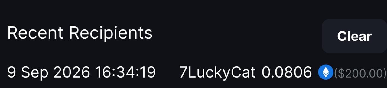 A "Recent Recipients" notification shows a transaction dated 9 Sep 2026 16:34:19 from user "7LuckyCat" for 0.0806 USDC ($200.00).