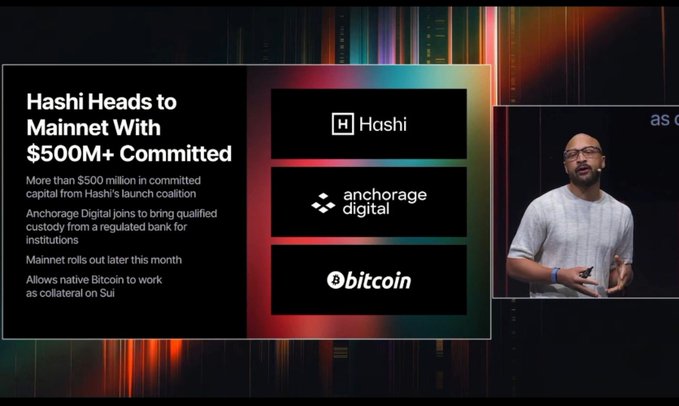A presentation slide titled 'Hashi Heads to Mainnet With $500M+ Committed' showing logos for Hashi, Anchorage Digital, and Bitcoin, with a speaker visible on the right.