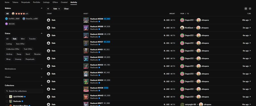 An NFT marketplace activity page showing a list of 'Hashducks' sales in WETH, with transactions from users like Dragon222 and ultragora.