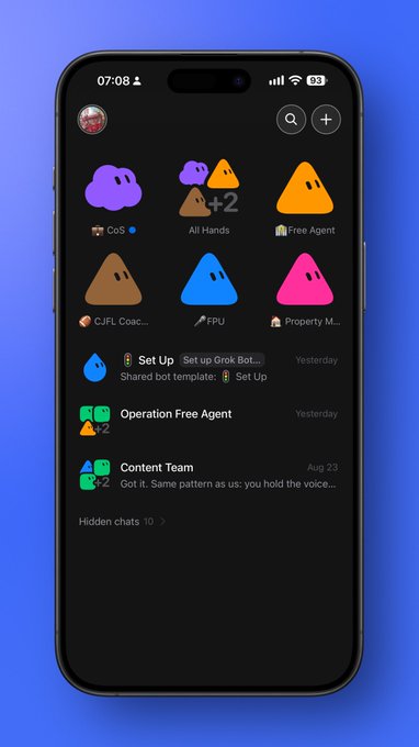 iPhone Telegram app screenshot showing various group chats with colorful blob/sticker icons including 'All Hands', 'Free Agent', 'CJFL Coach', 'CPU', and 'Property M...'.