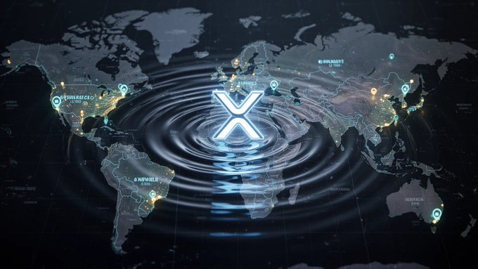 The image displays a glowing XRP logo at the center of a dark world map, with ripple-like waves emanating outward and city locations like BURLINGAME, SINGAPORE, KOWLOON, KYIV, and BIRMINGHAM marked across the globe. This visual reinforces the post's message about XRP achieving global regulatory compliance, with the ripple effect symbolizing the cryptocurrency's worldwide reach and influence following Ripple's MiCA license approval in Europe.