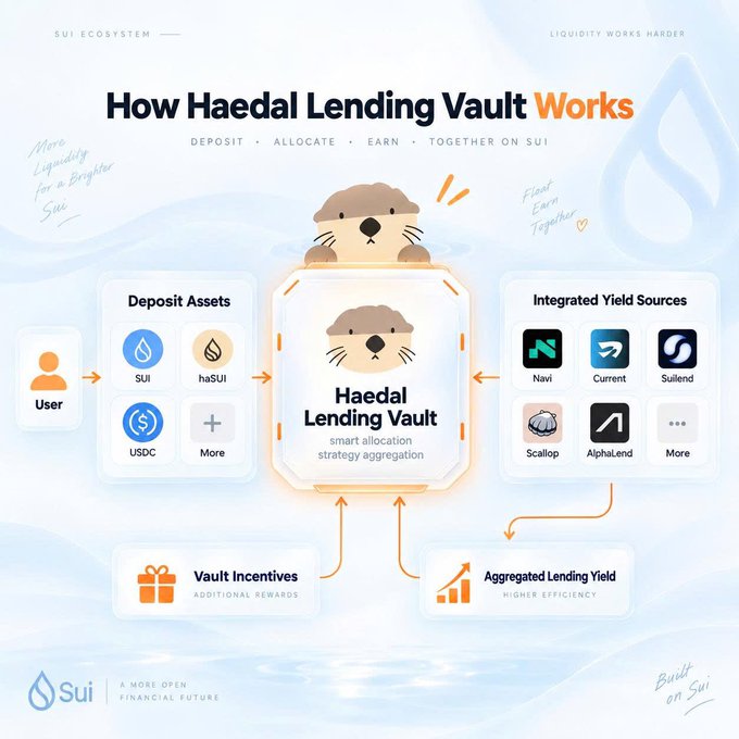 An informational graphic titled 'How Haedal Lending Vault Works' on the Sui ecosystem, showing a cute otter mascot managing user deposits (SUI, haSUI, USDC) allocated across integrated yield sources like Navi, Scallop, and AlphaLend.