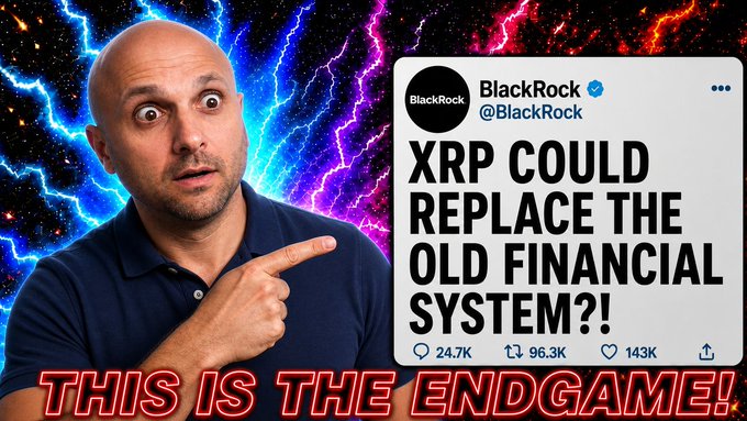 A surprised man points at a BlackRock tweet claiming "XRP COULD REPLACE THE OLD FINANCIAL SYSTEM?!", with bold text declaring "THIS IS THE ENDGAME!"—visually amplifying the post's claim that Franklin Templeton's $1.5T assets are pursuing wholesale blockchain replacement of traditional finance, with $XRP as the supposed beneficiary.